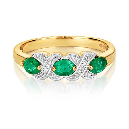 9ct Yellow Gold Emerald and Diamond Dress Ring 0.400+0.020 CT