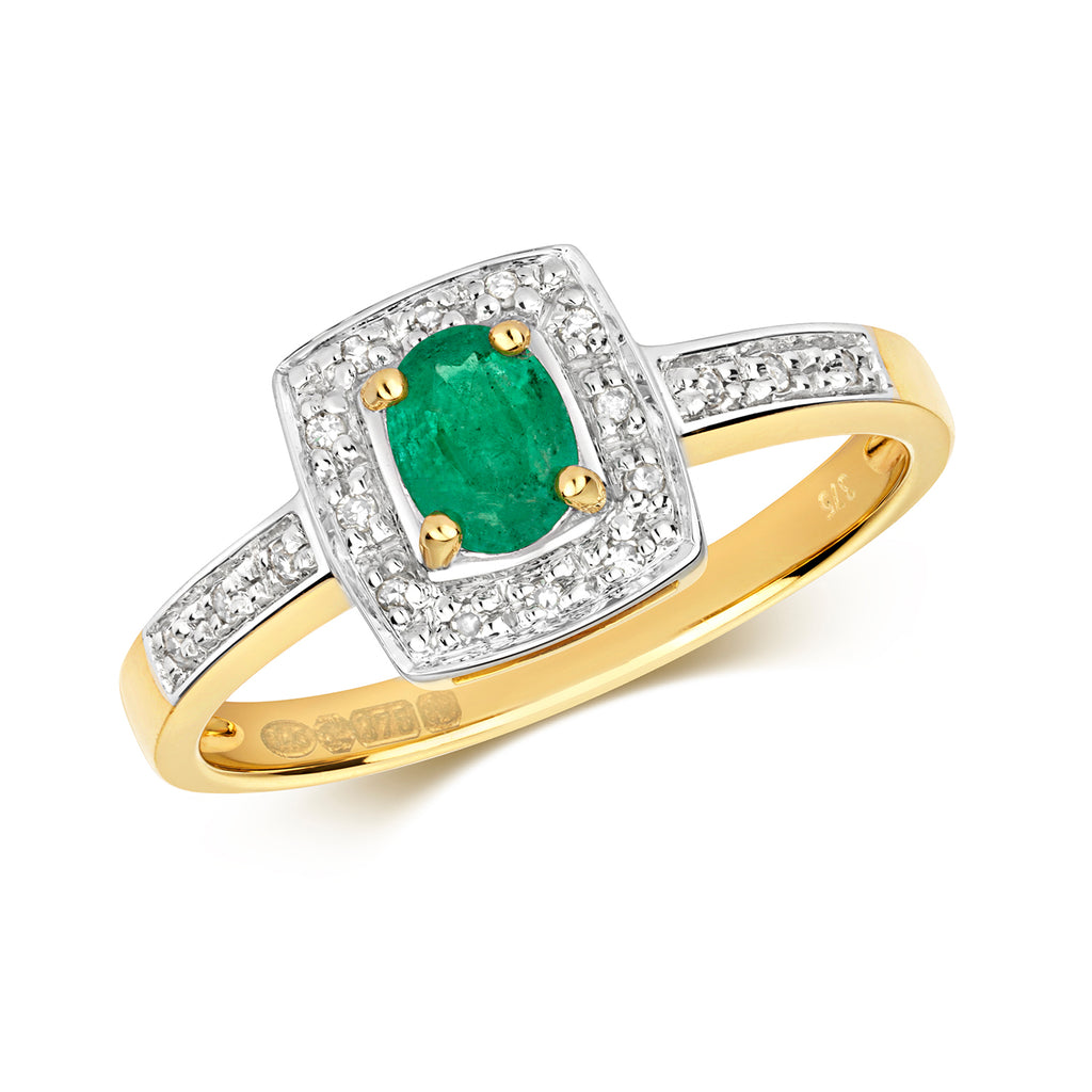 9ct Yellow Gold Emerald and Diamond Engagement Ring 0.350+0.060 CT