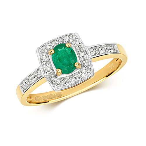 9ct Yellow Gold Emerald and Diamond Engagement Ring 0.350+0.060 CT