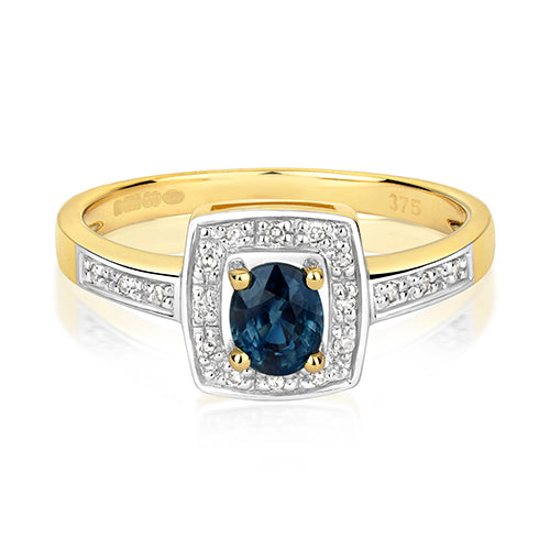 9ct Yellow Gold Sapphire and Diamond Engagement Ring 0.380+0.060 CT