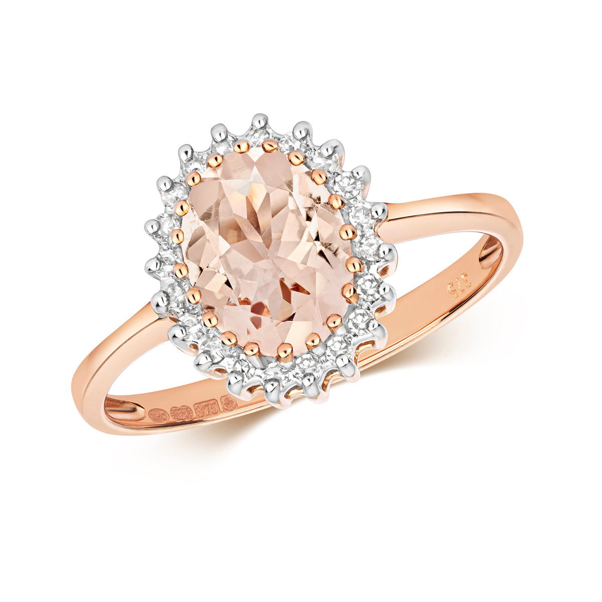 Modrwy Ddyweddïo Morganit a Diemwnt Aur Rhosyn 9ct 0.220+0.020 CT