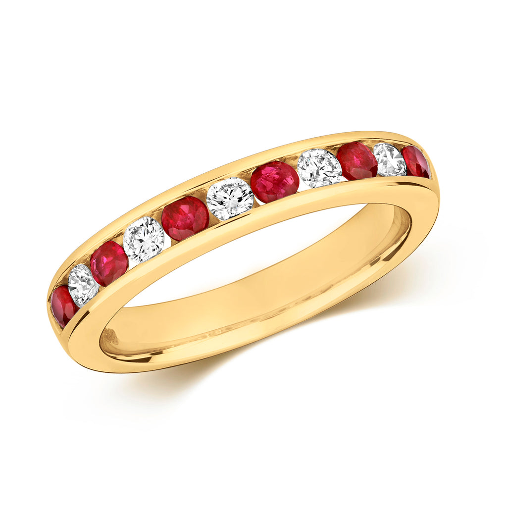 Modrwy Tragwyddoldeb Rhuddem a Diemwnt Aur Melyn 9ct 0.59 CT