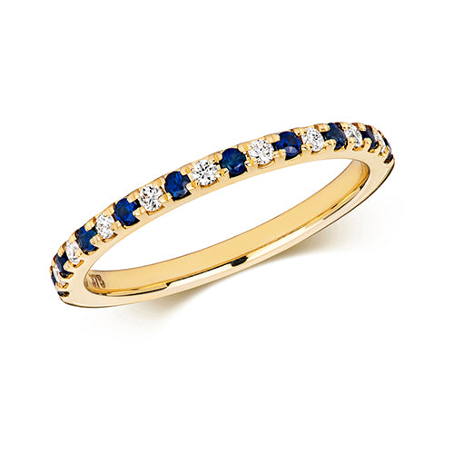 Modrwy Tragwyddoldeb Saffir a Diemwnt Aur Melyn 9ct 0.3 CT