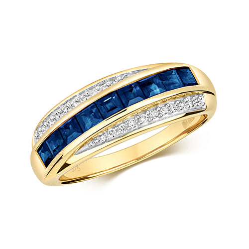 Modrwy Ffrog Saffir a Diemwnt Aur Melyn 9ct 0.900+0.110 CT