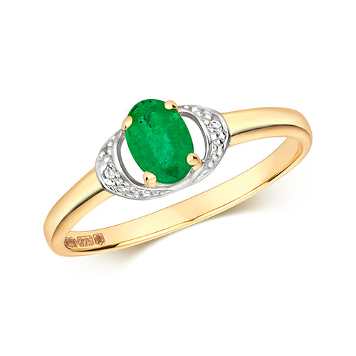 Modrwy Fesur Aur Melyn 9ct gydag Emrallt a Diemwnt 0.100+0.010 CT