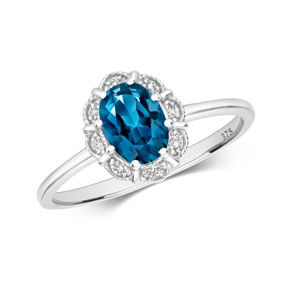 9ct White Gold Blue Topaz and Diamond Dress Ring 0.920+0.020 CT