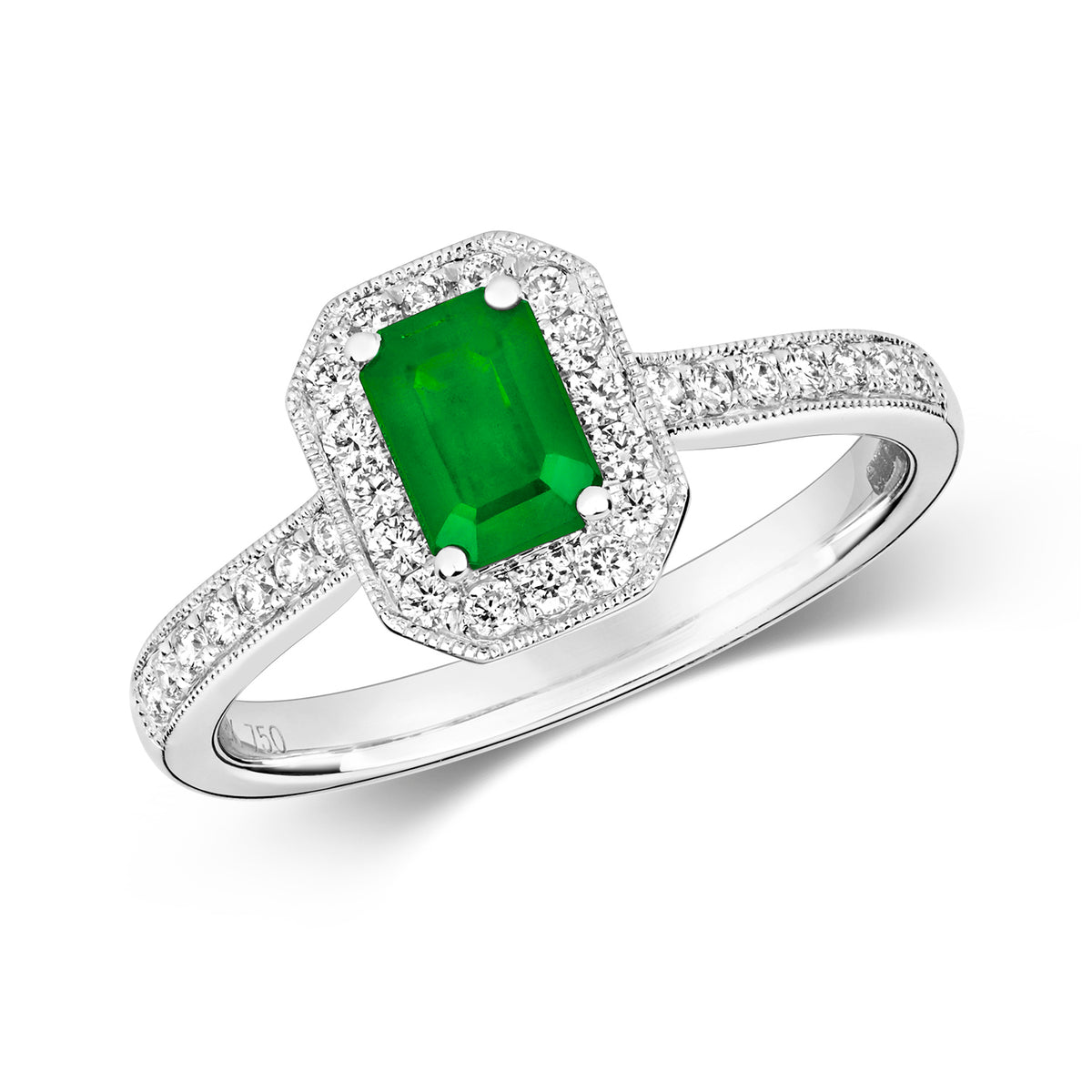 Modrwy Ymgysylltu Emrallt a Diemwnt Aur Gwyn 18k 0.570+0.260 CT