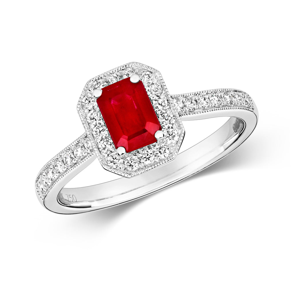 18ct White Gold Ruby and Diamond Engagement Ring 0.670+0.260 CT