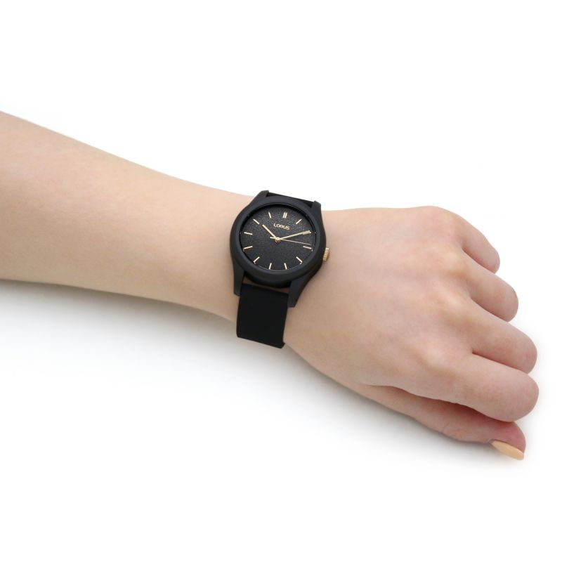 Lorus Ladies Watch gyda Deial Du a Strap Rwber Du RG267TX9
