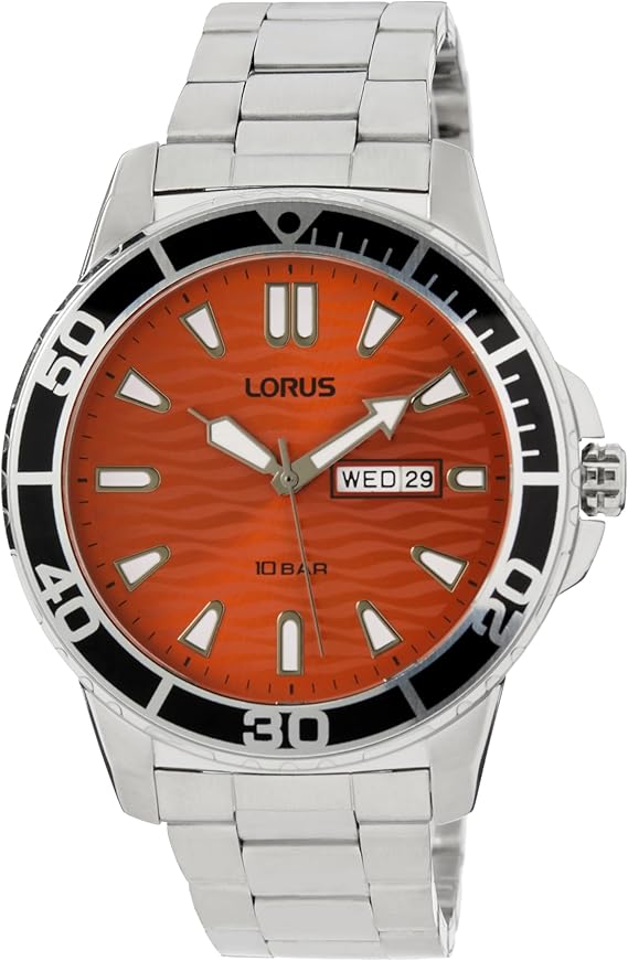 Lorus Mens Watch with Orange Dial and Silver Stainless Steel Strap RH361AX9
