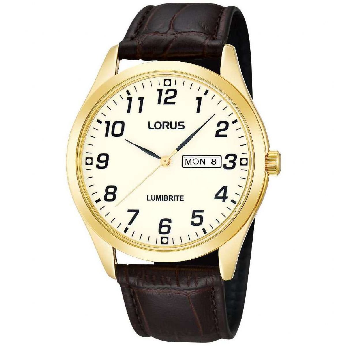 Lorus Mens Lumibrite Watch with Gold Dial and Brown Leather Strap RJ650AX9