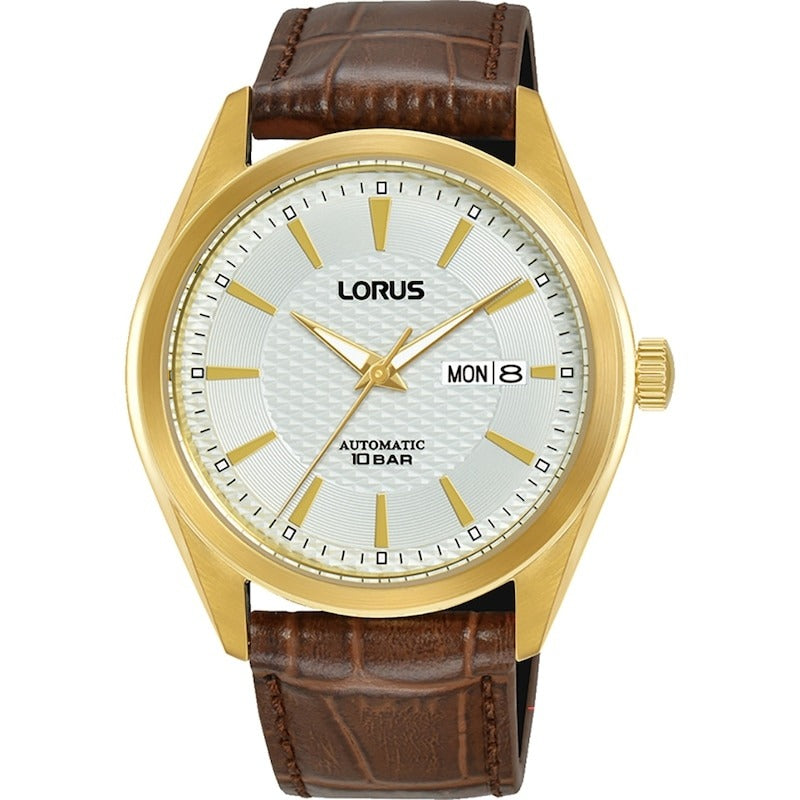 Lorus Mens Automatic Watch with White Dial and Brown Leather Strap RL490BX9