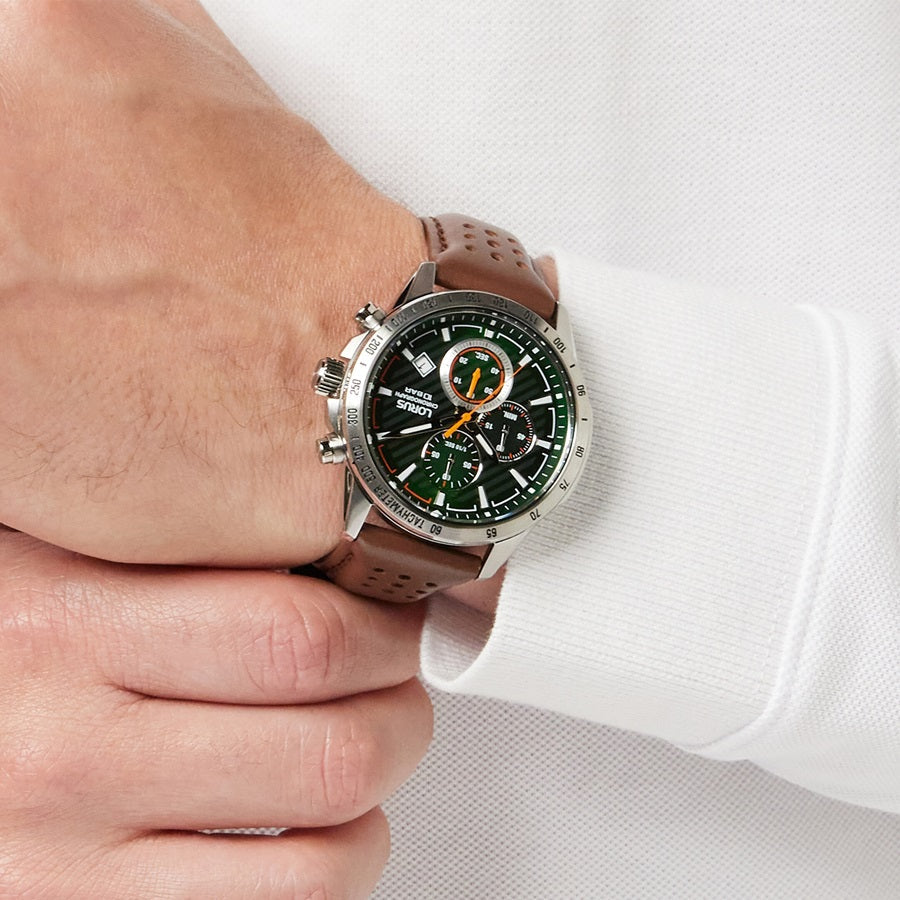 Lorus Men's Chronograph Watch with Green Dial and Brown Strap RM303JX9
