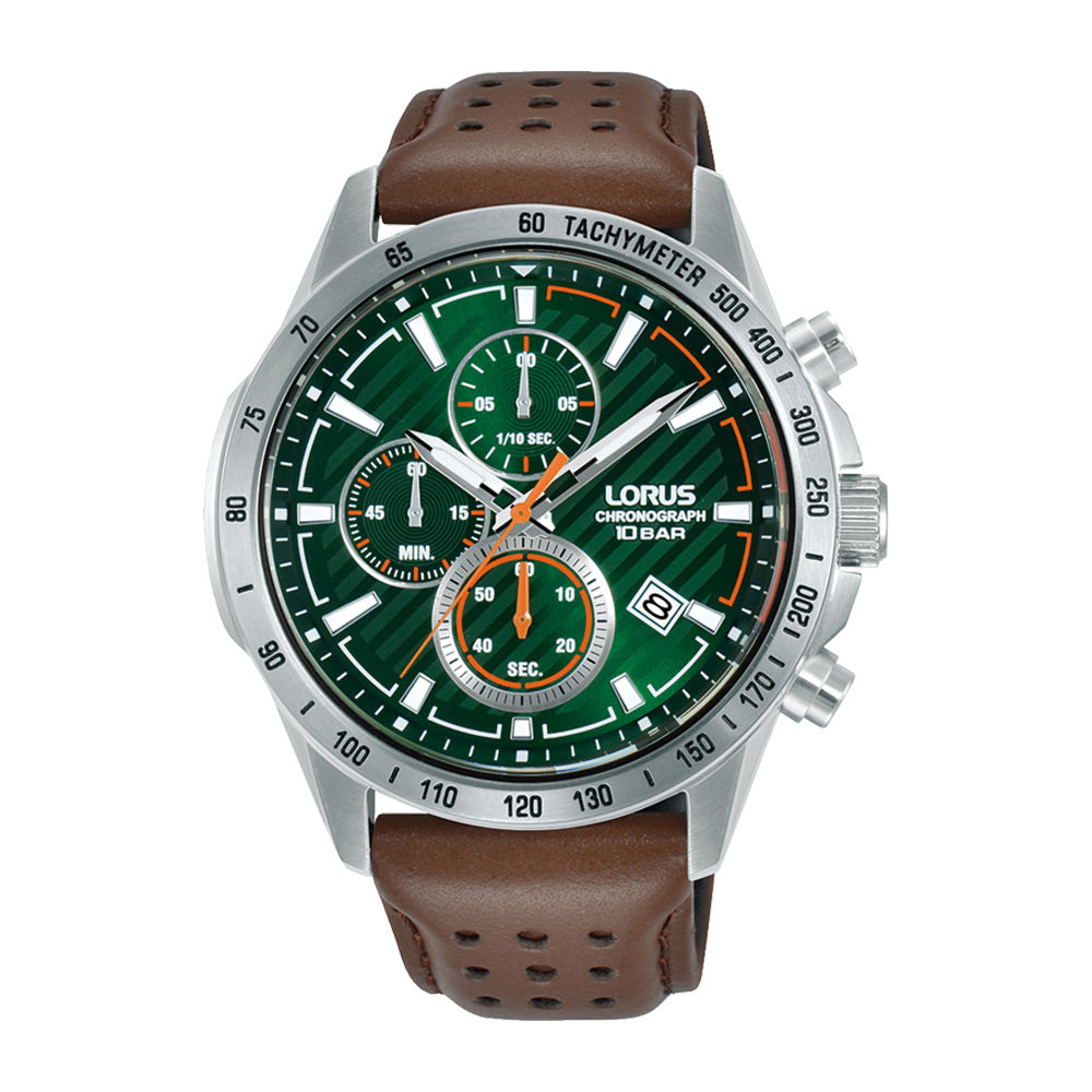 Lorus Men's Chronograph Watch with Green Dial and Brown Strap RM303JX9