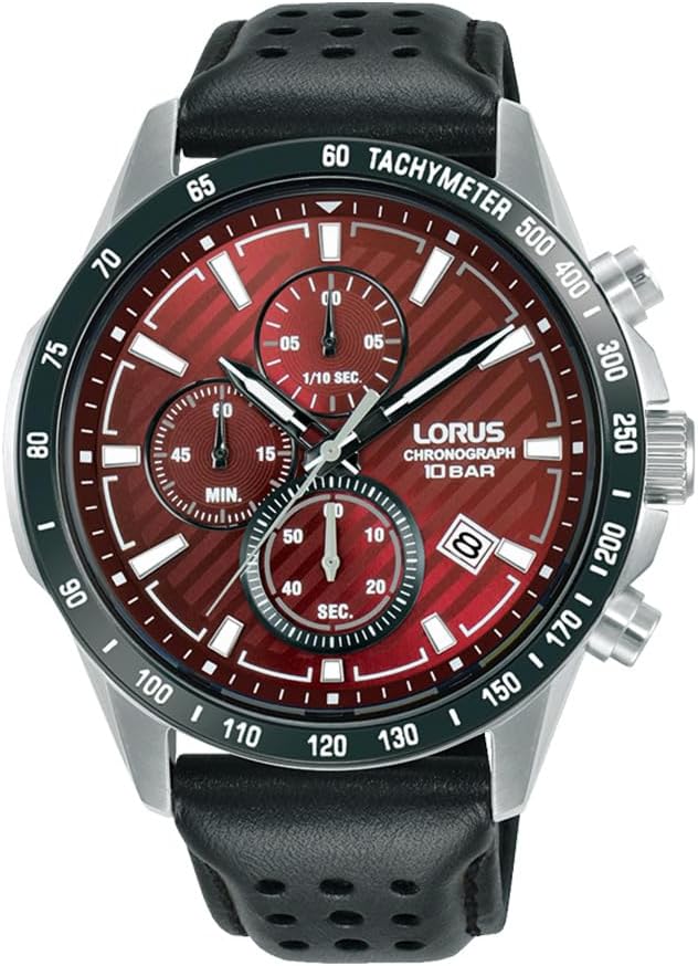 Lorus Men's Chronograph Watch with Red Dial & Black Leather Strap RM305JX9
