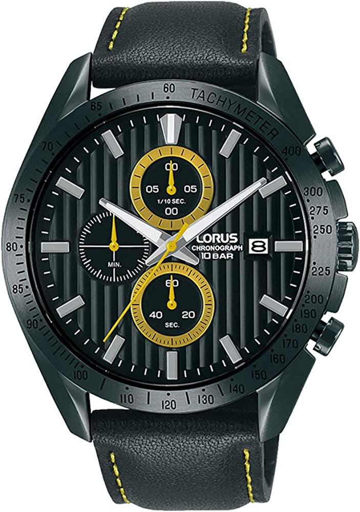 Lorus Mens Chronograph Watch with Black Dial and Black Leather Strap RM309HX9