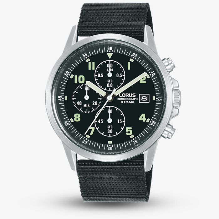 Lorus Men's Chronograph Watch with Black Dial and Black Nylon Strap RM347JX9