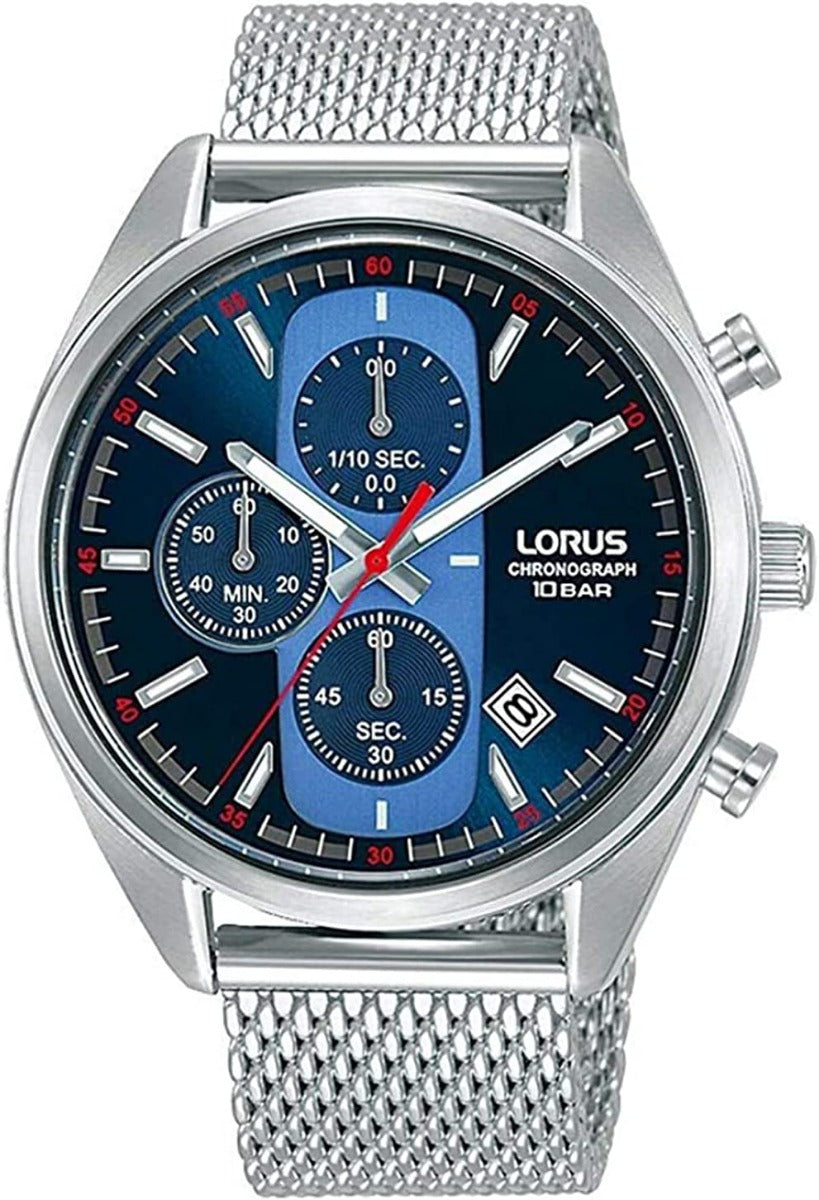 Gwylio Amserydd Lorus i Ddynion gyda Deial Glas a Strap Milanese Arian RM353GX9