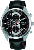Lorus Mens Chronograph Watch with Black Dial and Black Leather Strap RM359GX9