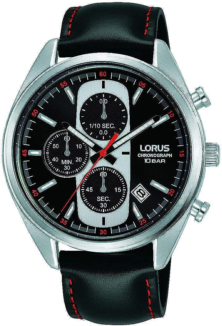 Lorus Mens Chronograph Watch with Black Dial and Black Leather Strap RM359GX9