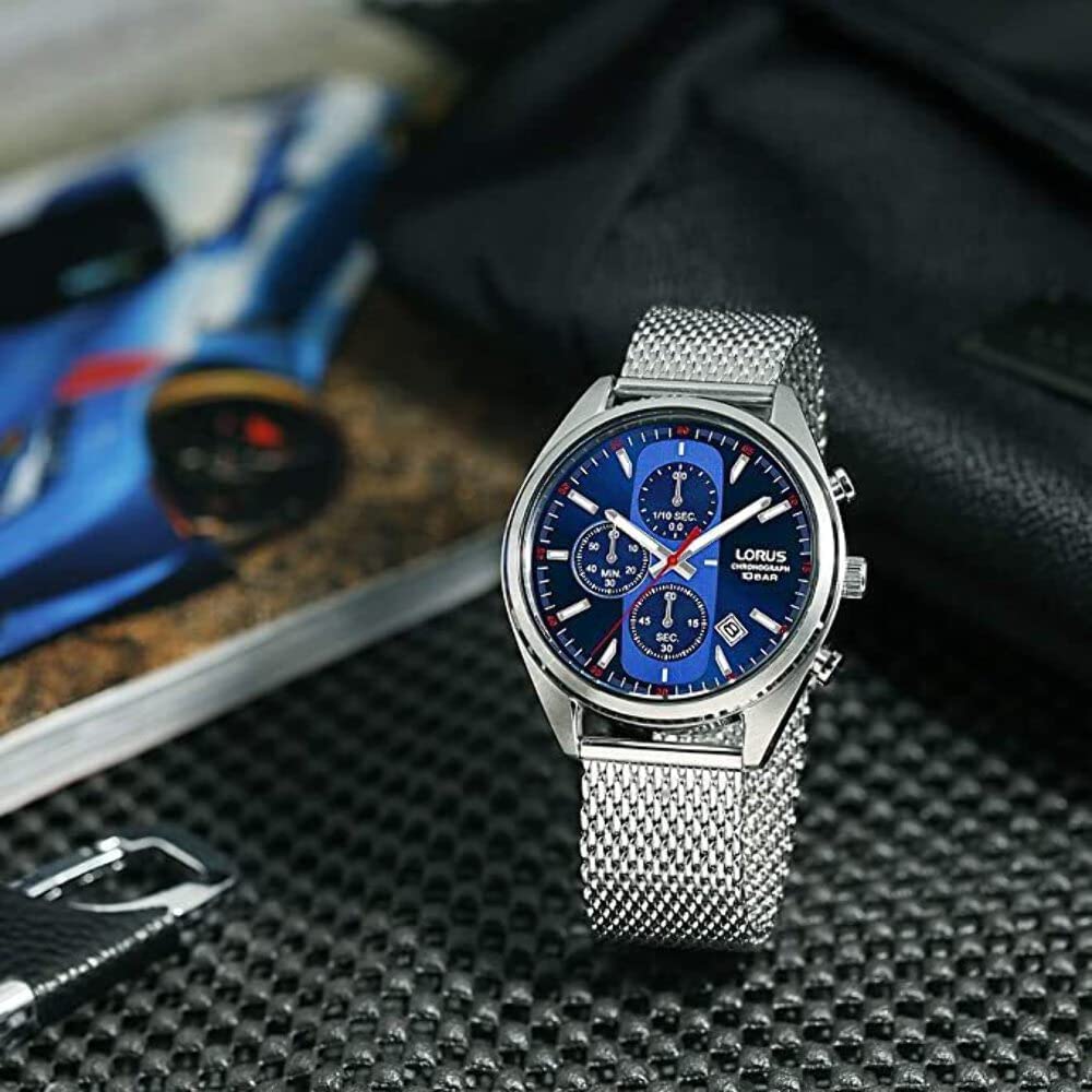 Gwylio Amserydd Lorus i Ddynion gyda Deial Glas a Strap Milanese Arian RM353GX9