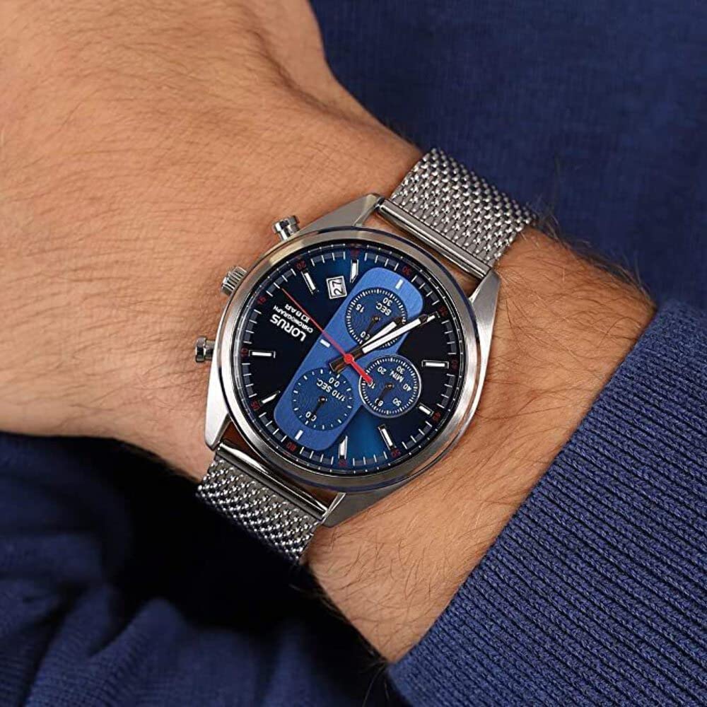 Gwylio Amserydd Lorus i Ddynion gyda Deial Glas a Strap Milanese Arian RM353GX9