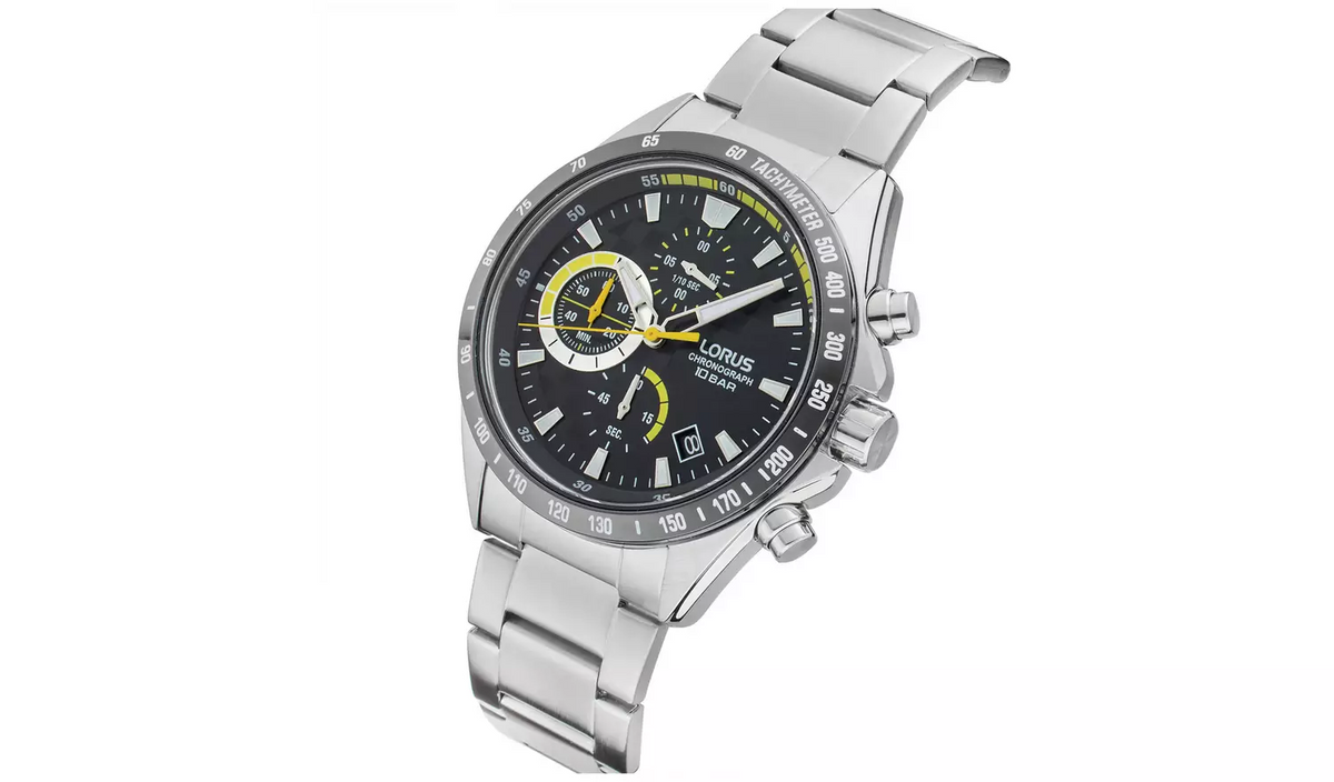 Lorus Men's Chronograph Watch with Black Dial and Silver Strap RM397HX9