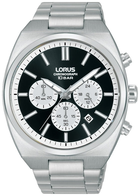 Lorus Men's Chronograph Watch with Black Dial and Silver Strap RT361KX9