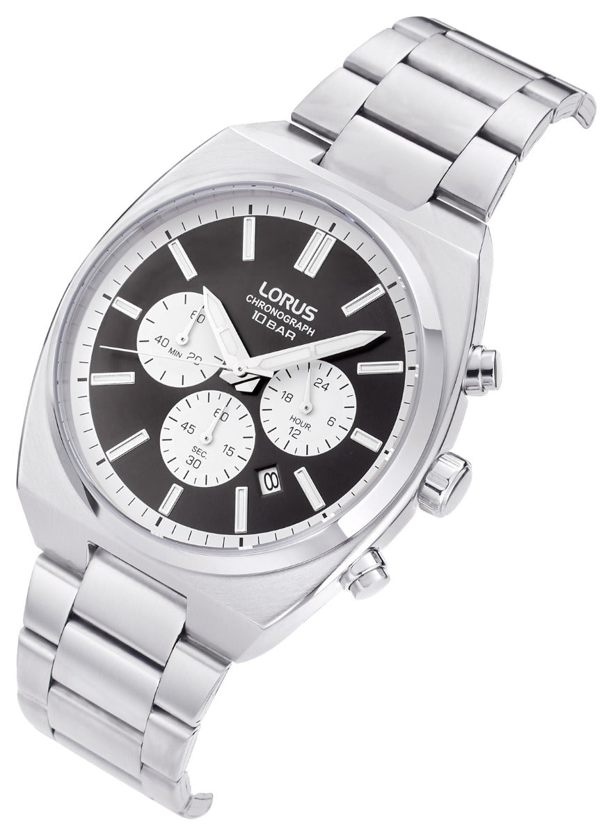 Lorus Men's Chronograph Watch with Black Dial and Silver Strap RT361KX9