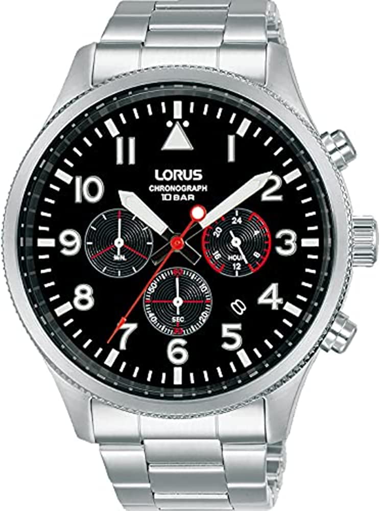 Lorus Mens Chronograph Watch with Black Dial and Silver Bracelet RT363JX9