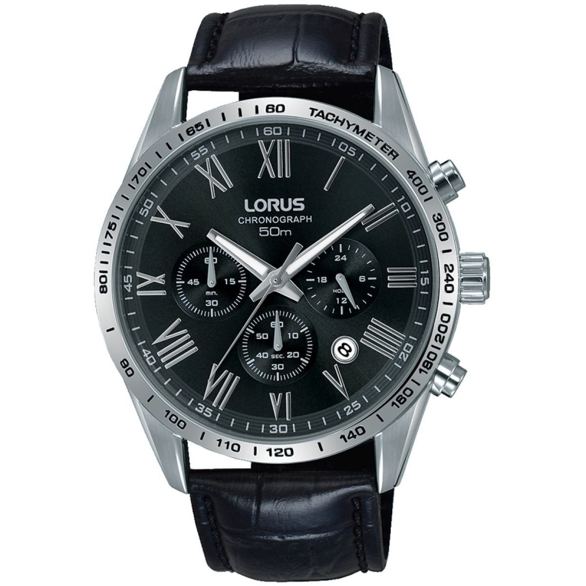 Lorus Mens Analogue Quartz Chronograph Watch With Black Leather Strap RT385FX9