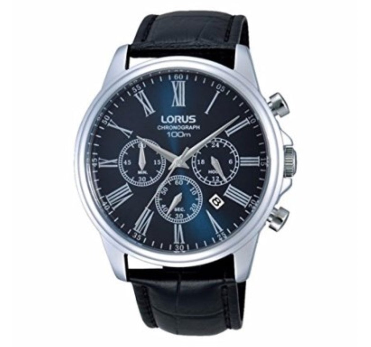Lorus Men's Watch with Blue Chronograph Dial and Black Leather Strap RT391DX9