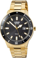 Lorus Mens Solar Watch with Black Dial and Gold Bracelet RX308AX9