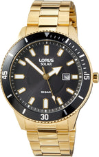 Lorus Mens Solar Watch with Black Dial and Gold Bracelet RX308AX9