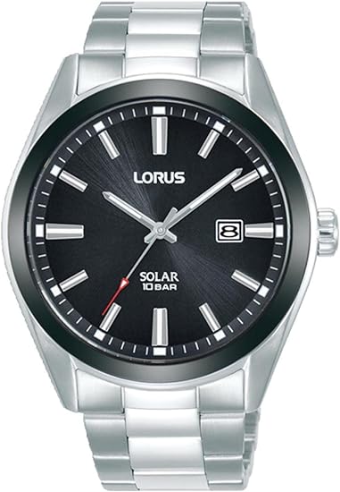 Lorus Mens Solar Watch with Black Dial & Stainless Steel Bracelet RX335AX9
