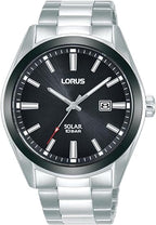 Lorus Mens Solar Watch with Black Dial & Stainless Steel Bracelet RX335AX9