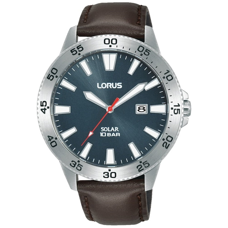 Lorus Men's Solar Watch with Blue Dial and Brown Strap RX349AX9