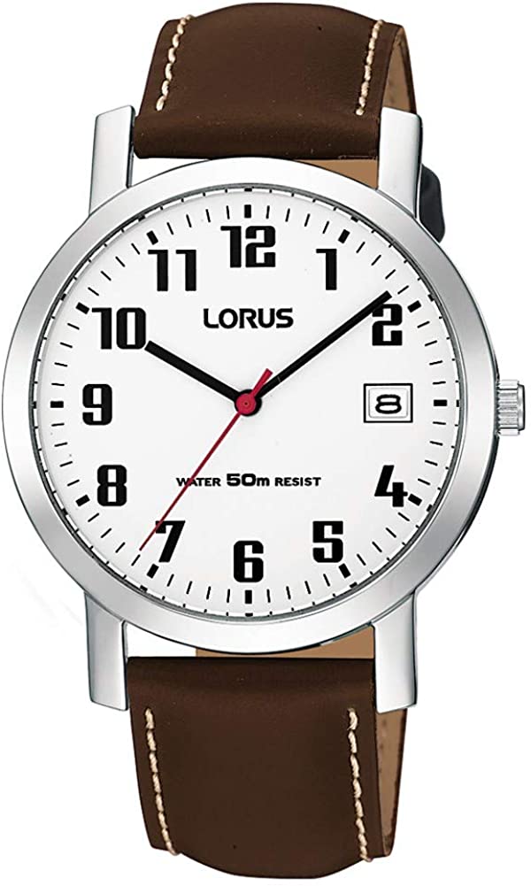 Mens Lorus Watch with White Dial and Brown Strap RXH65EX9