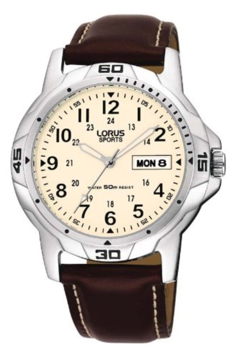 Lorus Mens Analogue Quartz Watch With Brown Leather Strap And Cream Dial RXN49BX9