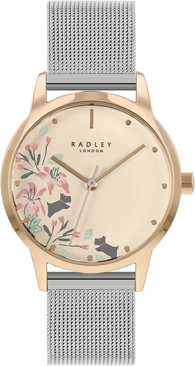 Cloc Menywod Radley gyda Deial Aur a Strap Milanese Dur Di-staen Arian RY4588A