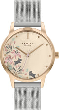 Cloc Menywod Radley gyda Deial Aur a Strap Milanese Dur Di-staen Arian RY4588A