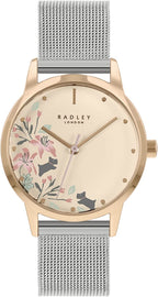 Cloc Menywod Radley gyda Deial Aur a Strap Milanese Dur Di-staen Arian RY4588A