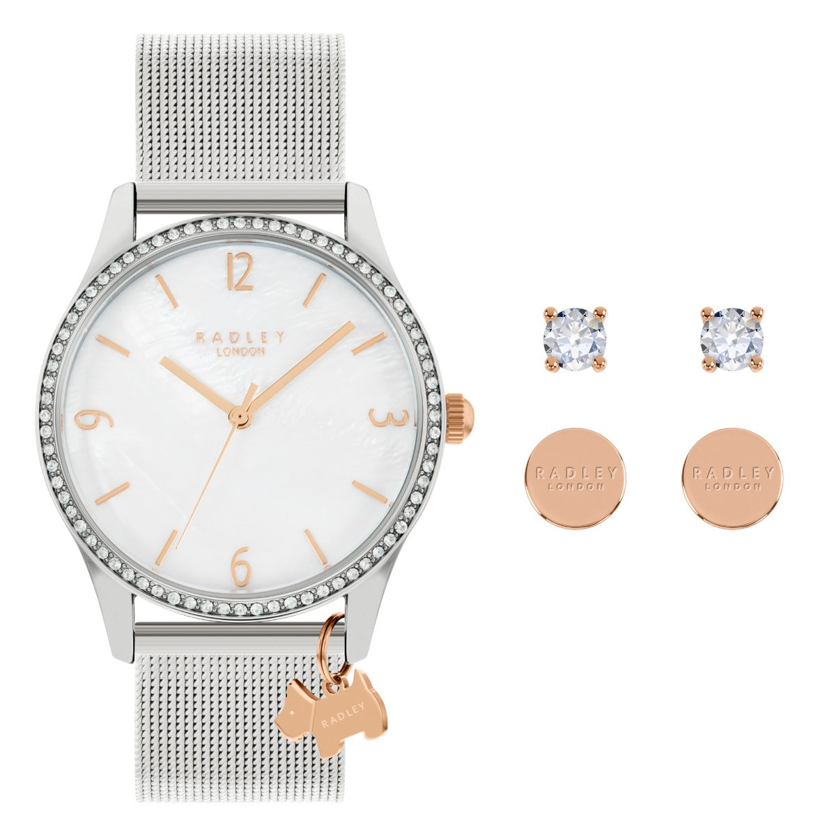 Radley Ladies Gift Set with Mother of Pearl Dial and Silver Milanese Strap and Earrings Set RY4593A-SET