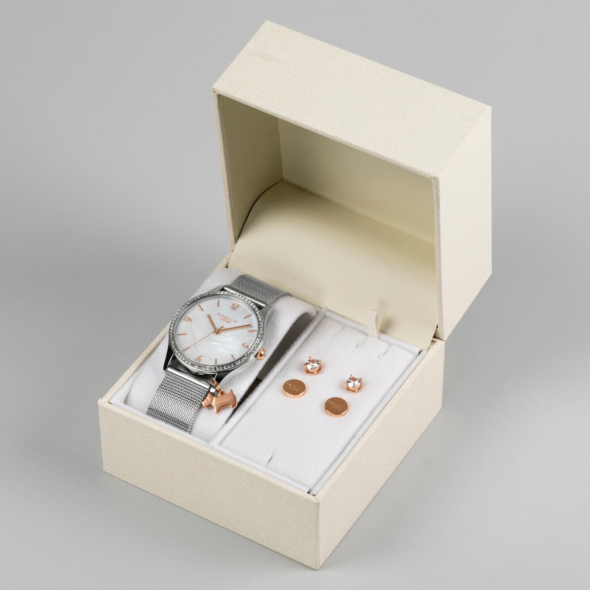 Radley Ladies Gift Set with Mother of Pearl Dial and Silver Milanese Strap and Earrings Set RY4593A-SET