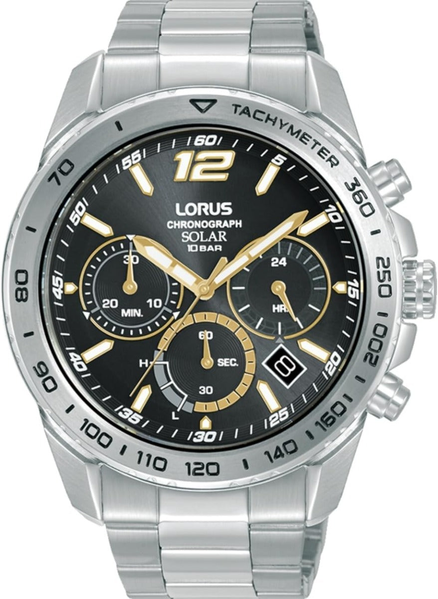 Lorus Men's Solar Chronograph Watch with Black Dial and Silver Strap RZ509AX9