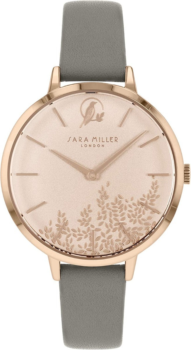 Sara Miller Leaf Collection Ladies Watch with Rose Gold Dial and Grey Leather Strap SA2030