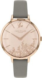 Sara Miller Leaf Collection Ladies Watch with Rose Gold Dial and Grey Leather Strap SA2030
