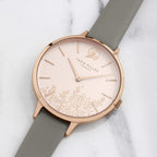 Sara Miller Leaf Collection Ladies Watch with Rose Gold Dial and Grey Leather Strap SA2030