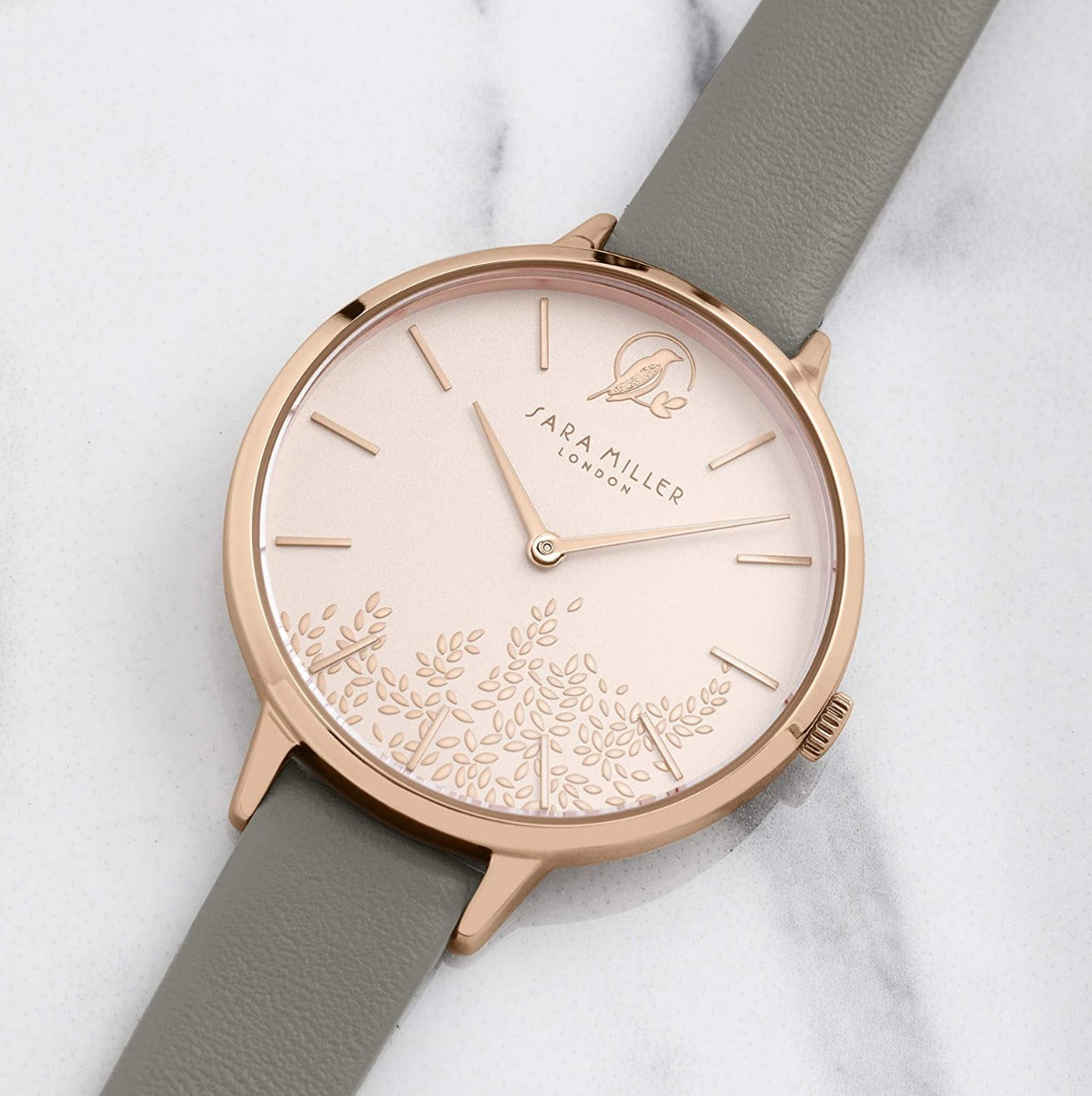 Sara Miller Leaf Collection Ladies Watch with Rose Gold Dial and Grey Leather Strap SA2030