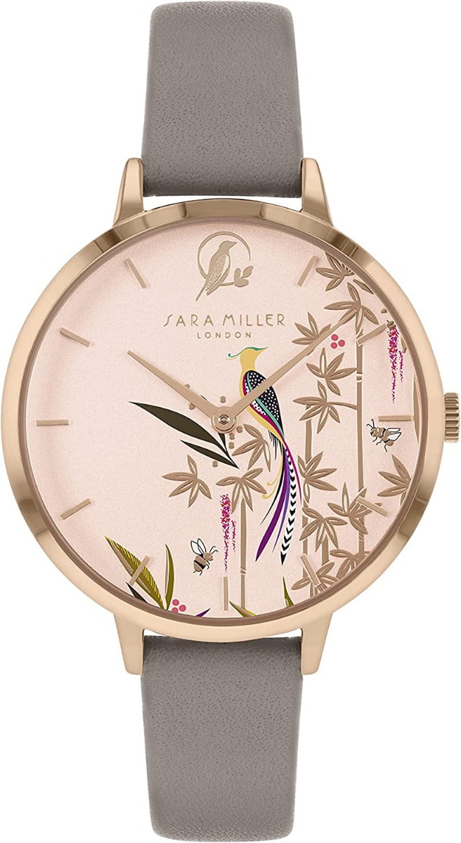 Sara Miller Bamboo Garden Ladies Watch with Rose Gold Dial and Grey Leather Strap SA2094